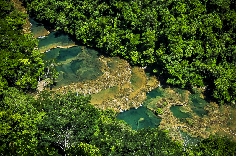 Aerial view of a series of turquoise pools formed by a river meandering through a lush, dense tropical forest.